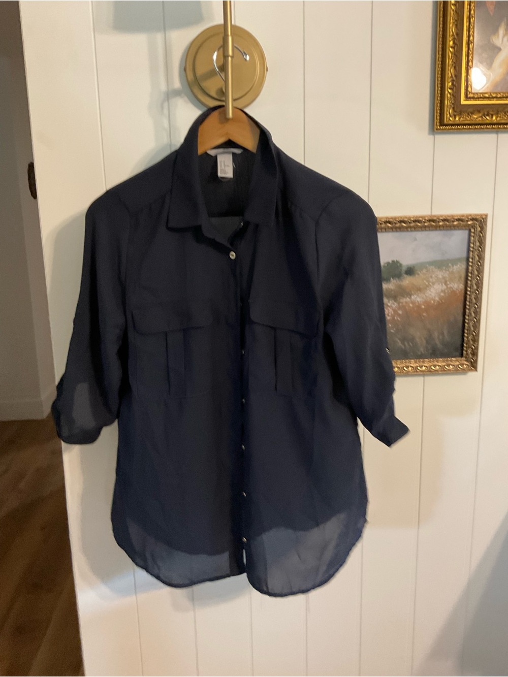 H&M Men's Navy Button-Down Shirt with Chest Pockets